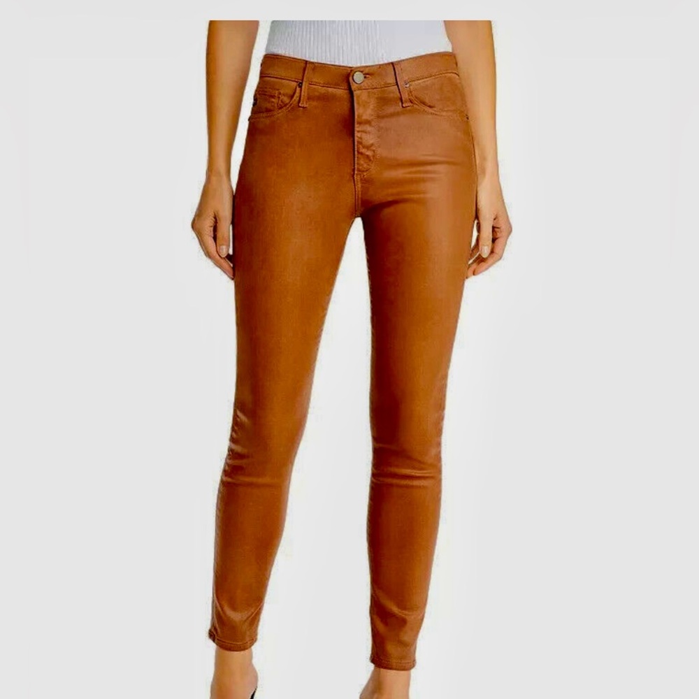 AG (size 25) Farrah Rust Brown Wax Coated Ankle High Rise Faux-leather Pant